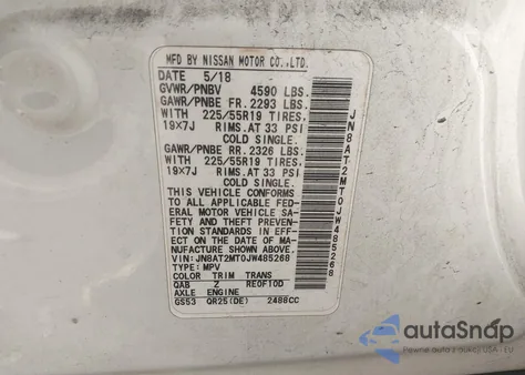 2018 Nissan Rogue Sl из США, поврежденный, VIN JN8AT2MT0JW485268